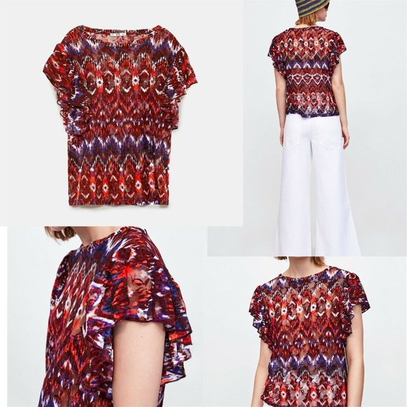 NWT - Zara Printed Lace Top Short Ruffled Sleeves - Picture 1 of 8